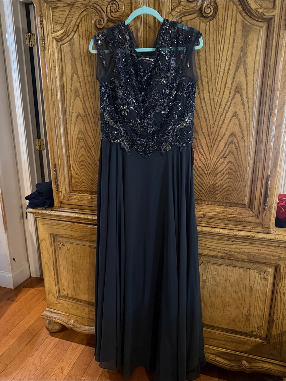 Elegant Navy Beaded Maxi Dress with Illusion Bodice